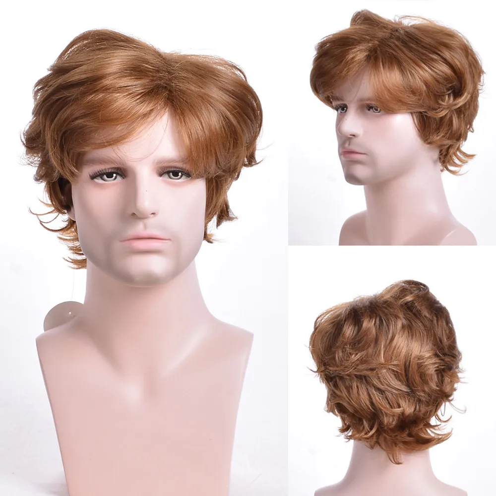 

OUCEY Short Wavy Men's Wigs Brown Synthetic Wig Shaggy Style Natural Wigs For Men Layered Cosplay Daily Male Wig