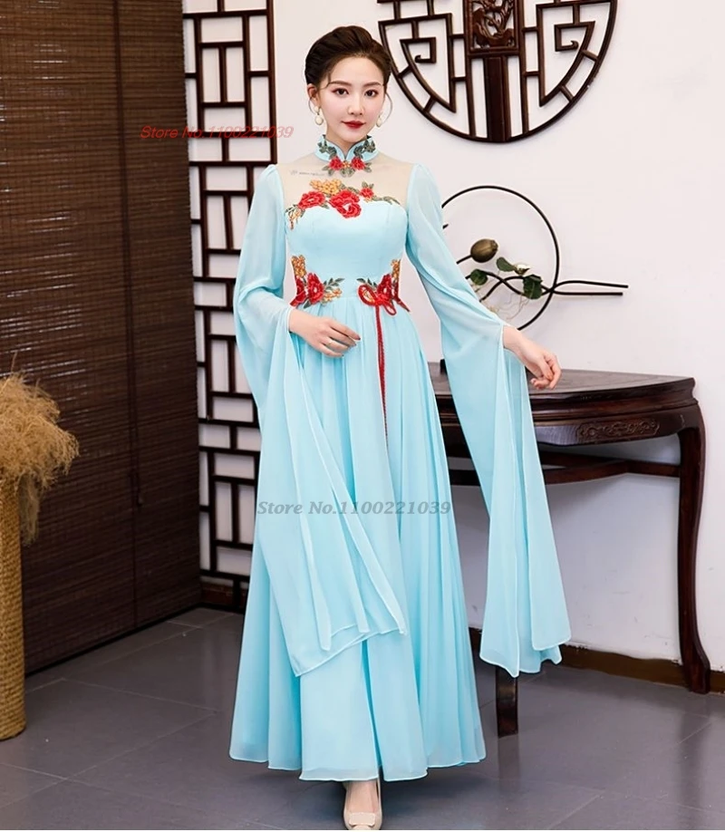 

2024 chinese vintage dress improved cheongsam national flower embroidery evening banquet qipao elegant oriental formal qipao
