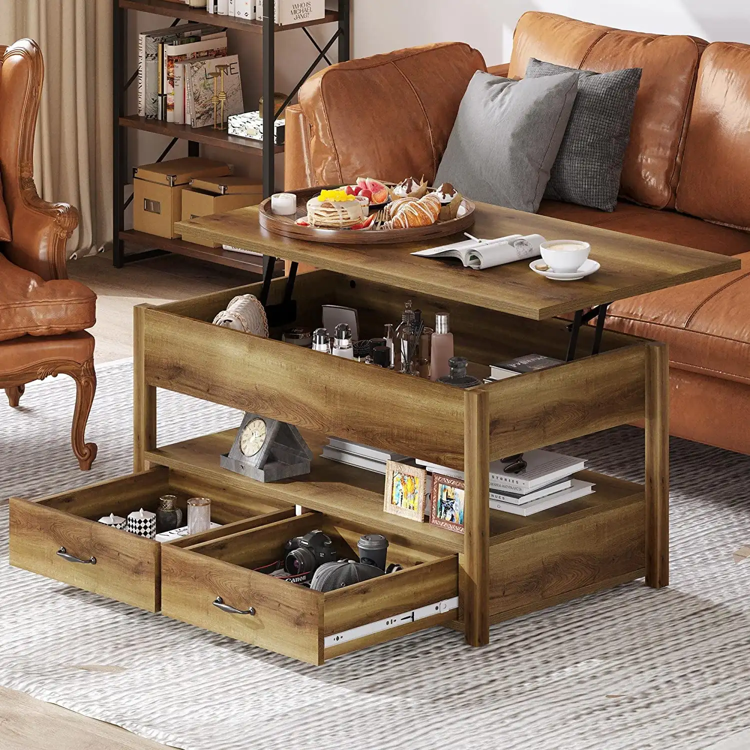 

DEXTRUS Wood Lift Top Coffee Tables with 2 Storage Drawers & Hidden Compartment for Living Room Office, Rustic Brown