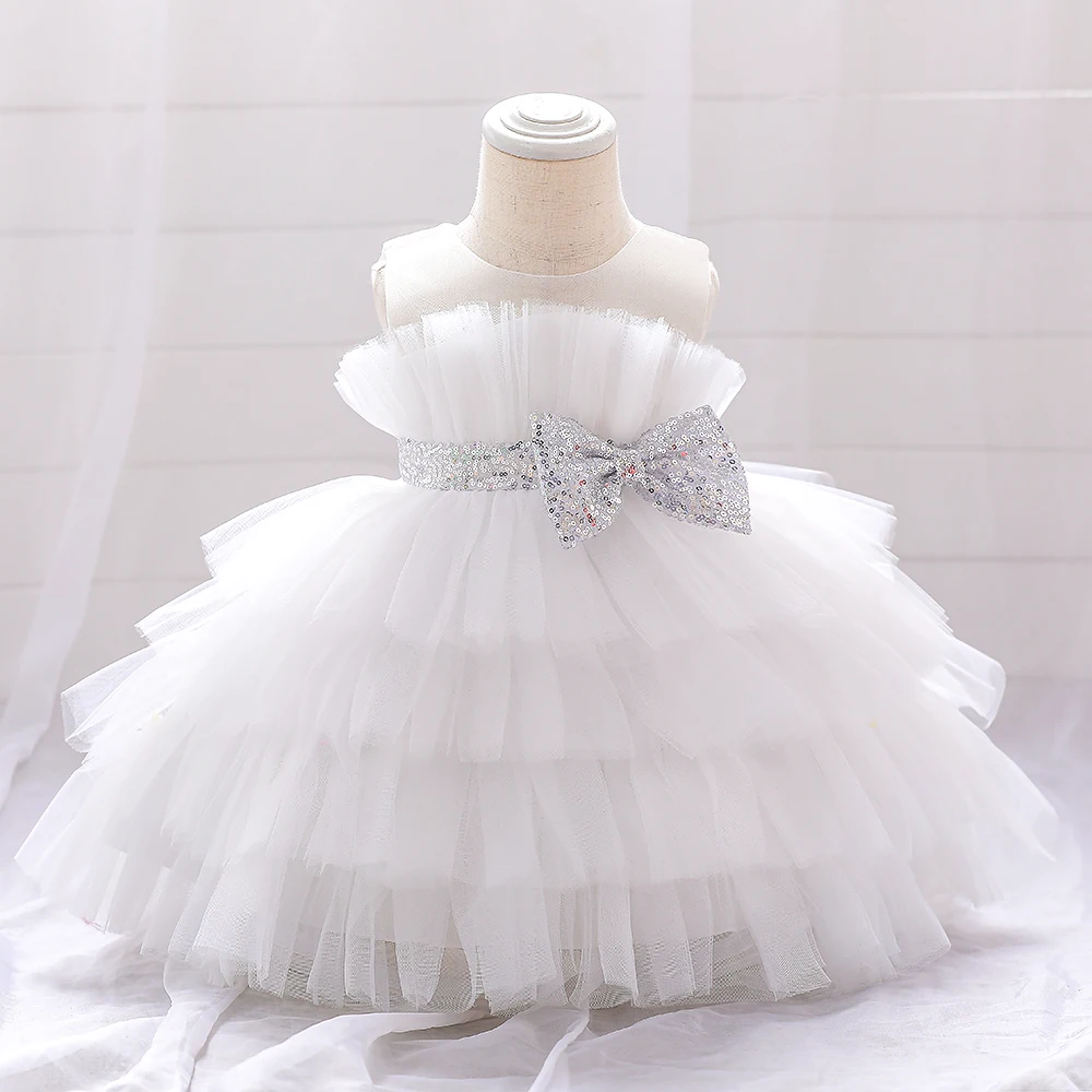 

Infant Bow 1st Birthday Girl Dress Costumes Toddler Sequin Tutu Princess Party Wedding Dress For Baby White First Communion Gown