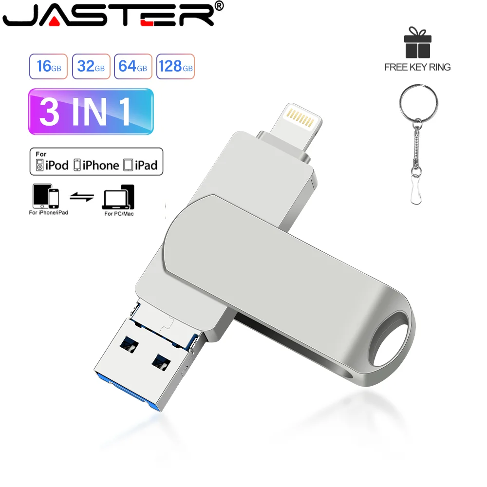 

Флэш-накопитель JASTER для IPhone USB 3,0 256 Гб OTG 3 в 1 флэш-накопитель 128 ГБ Поворотная Usb-память 64 ГБ Бесплатный брелок Usb-память 32 ГБ