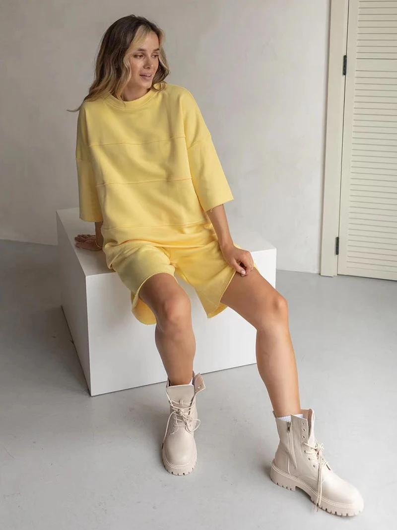 Bornladies Sommer 100% Baumwolle Sets Frauen Casual Zwei Stücke Halbe Hülse Patchwork T Shirts & Hohe Taille Shorts Outfits Trainingsanzug Bornladies Sommer 100% Baumwolle Sets Frauen Casual Zwei Stücke Halbe Hülse Patchwork T Shirts & Hohe Taille Shorts Outfits Trainingsanzug