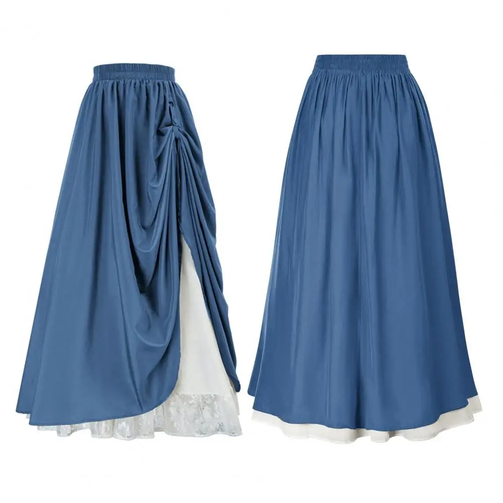 

Women Maxi Skirt Elegant Lace Stitching Maxi Skirt with Pleated Side Detail High Waist Elastic A-line Skirt for Women Retro