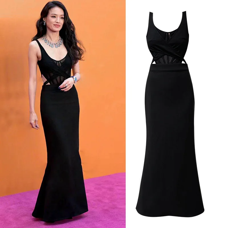 

Shu Qi Same 2023 Summer Black Strap Design Sense Dress Temperament Celebrity Sexy Long Dress