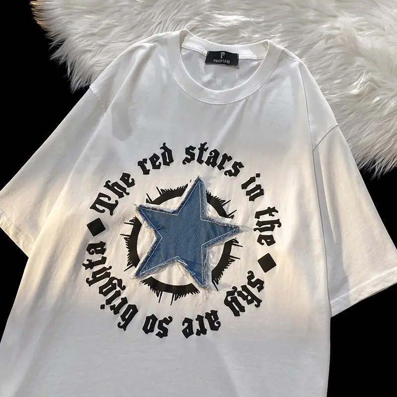 High street American ins design star printed short-sleeved T-shirts for men and women oversize couple style Hong Kong style tops
High street American ins design star printed short-sleeved T-shirts for men and women oversize couple style Hong Kong style tops