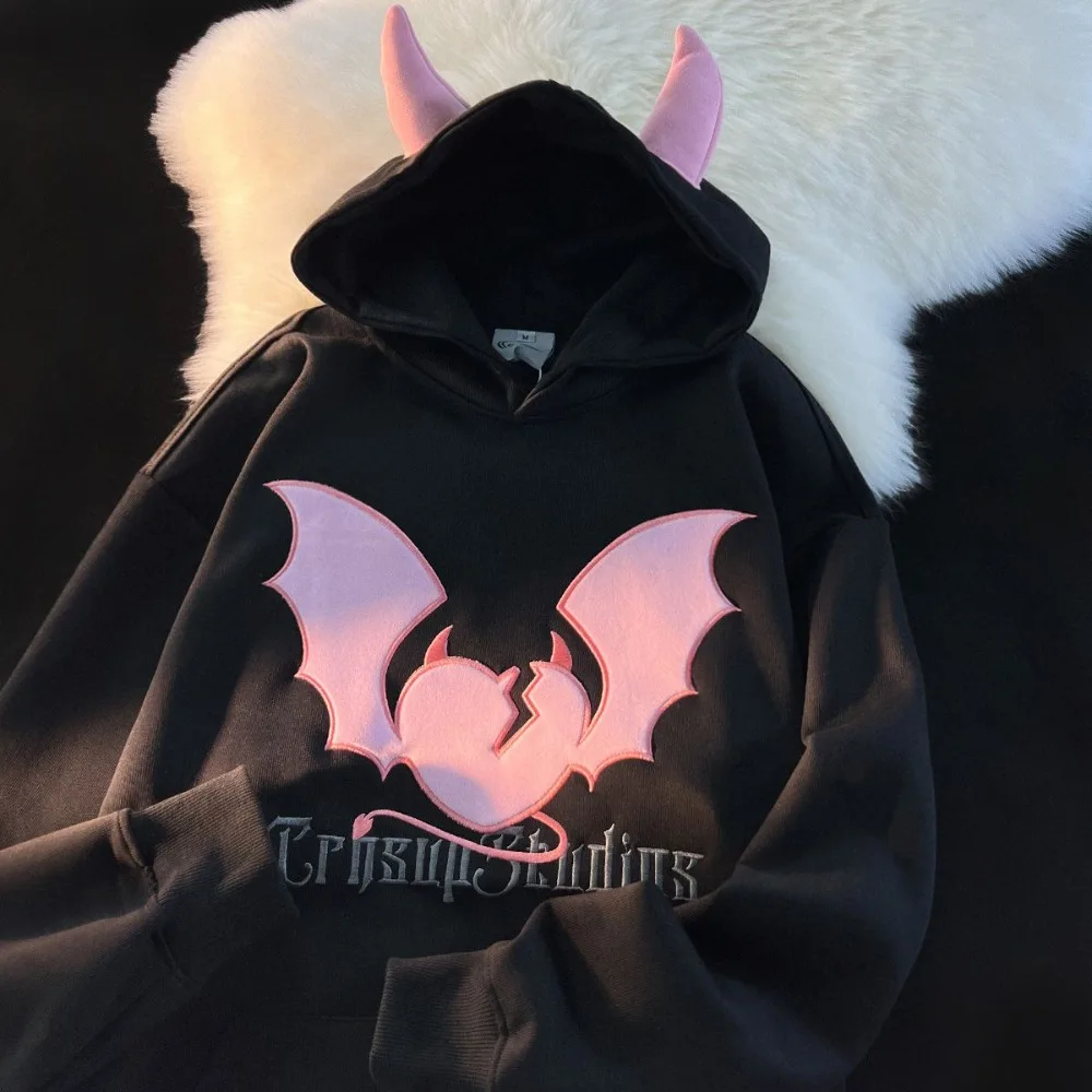 

High Quality Embroidery Bat Hip Hop Graphic Hoodie Men Women Oversized Sweatshirt Couples Korean Style Winter Tops Loose Casual