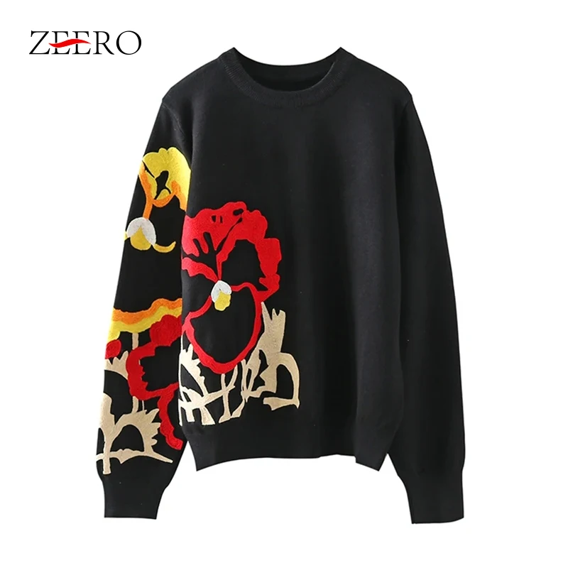 

Autumn and Winter Heavy Industry Jacquard Embroidery Round Neck Pullover Knitwear Women's Loose and Slim Underlay Sweater Tops