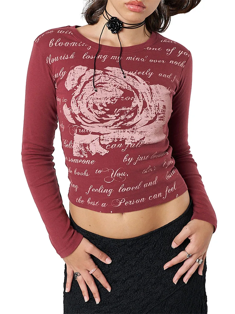 Women Floral Print Long Sleeve Tight Shirt Fall Casual Gothic Slim Fitted Letter Print Crew Neck Crop Top Streetwear
Women Floral Print Long Sleeve Tight Shirt Fall Casual Gothic Slim Fitted Letter Print Crew Neck Crop Top Streetwear
