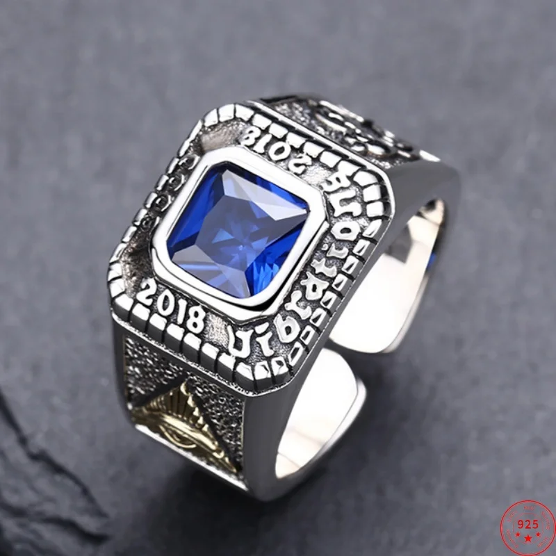 

Genuine S925 Sterling Silver Rings for Women Men New Fashion The Eye of God Ancient Totem Blue Zircon Punk Jewelry Free Shipping