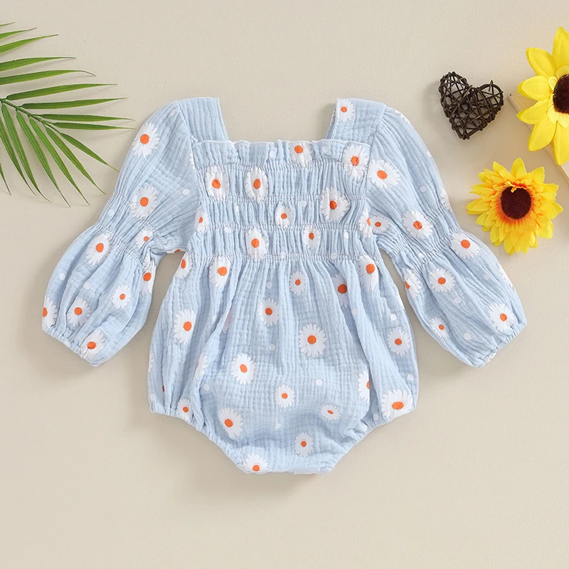 

Newborn Baby Girls Bodysuits Long Sleeve Daisy Print Frill Romper Jumpsuit Cotton Gauze Autumn Winter Toddler Clothes