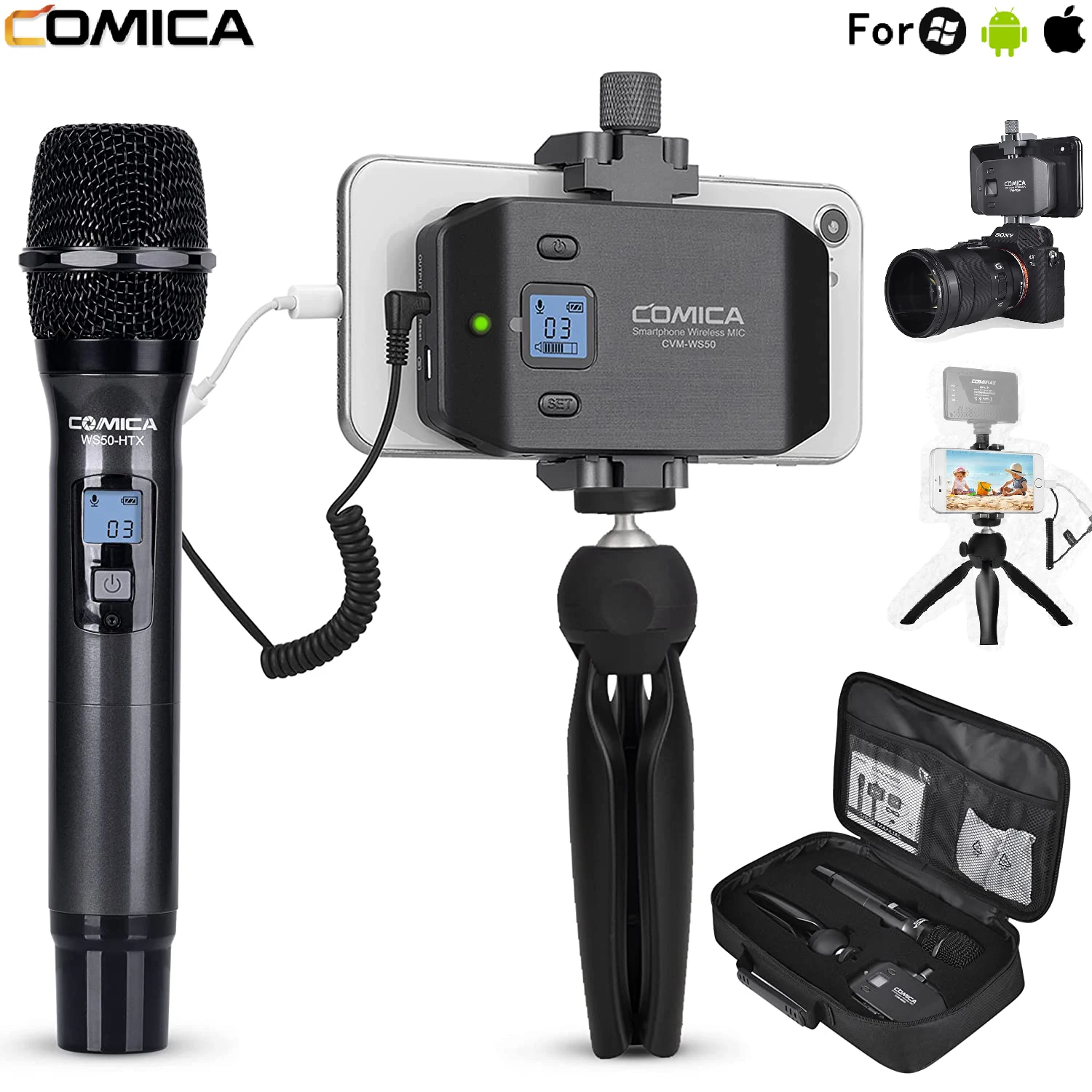 

Comica Wireless Microphone With Tripod For iPhone Android Smartphone Dslr Camera Handheld Microphone For Interview, WS50H