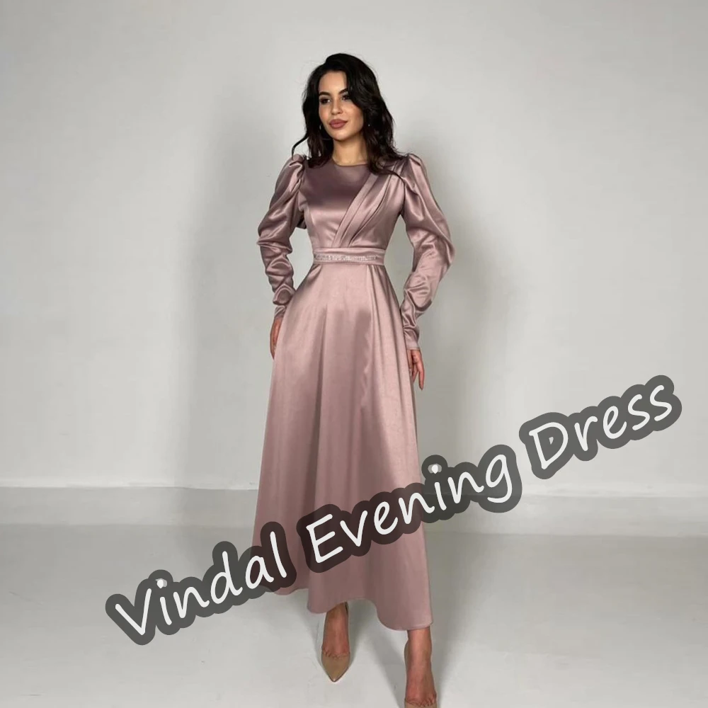 

Vindal Scoop Neckline Evening Dress A-Line Satin Ankle Length Elegant Built-in Bra Saudi Arabia Long Sleeves For Woman 2024