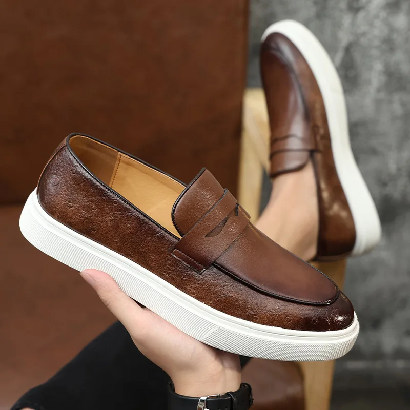 

Men's Casual Shoes Embossed Leather Men Fashion British Style Penny Loafers Mens Slip-on Thick Sole Outdoor Flats