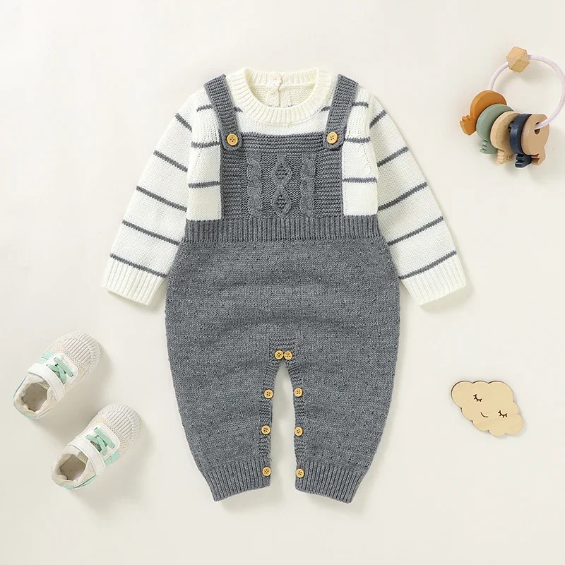 

Baby Rompers Knitted Infant Girl Boy Jumpsuit Long Sleeve Fall Newborn Kid Clothes Fashion Striped 0-18M Solid Overalls Playsuit
