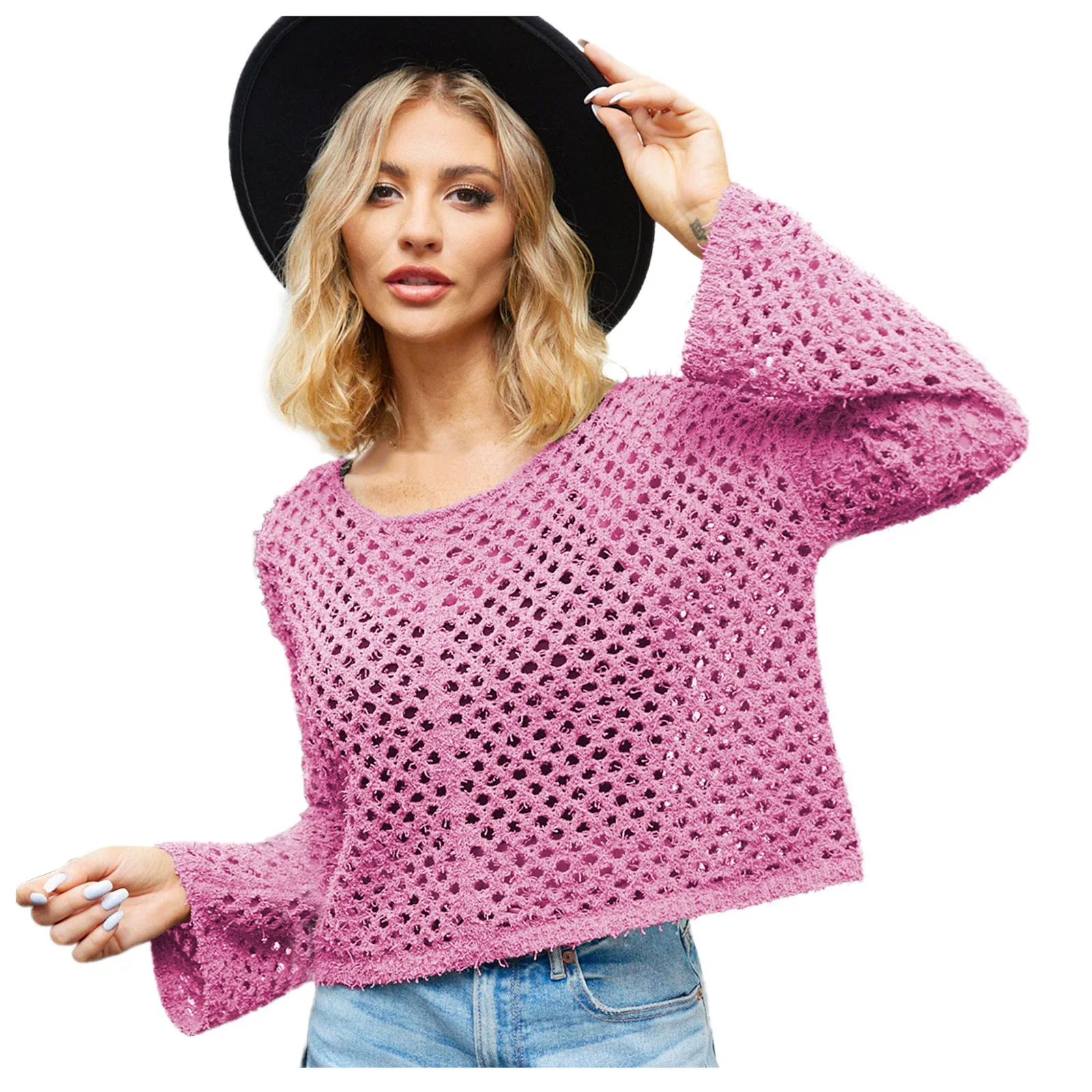 

Sweater Women 2023 Women'S Sweaters O-Neck Short Hollowed-Out Lozenge Knit Sexy Pullover Long-Sleeved Sweater одяг жіночий