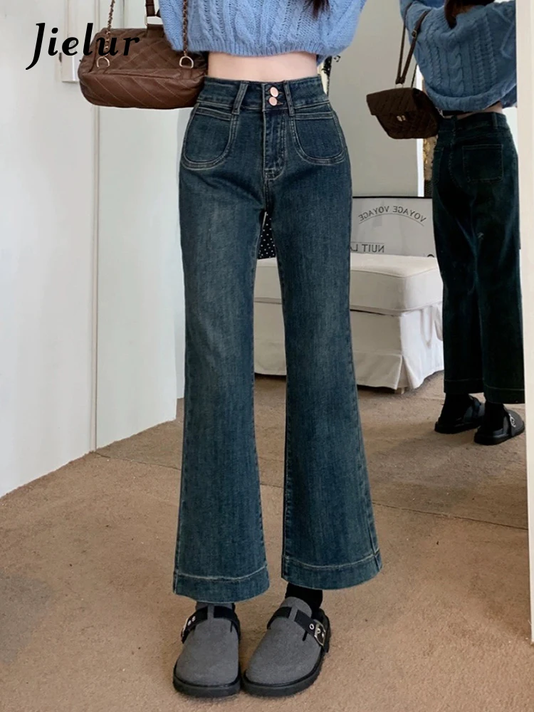

Jielur Vinatge Blue Loose Slim Casual Female Jeans High Waist Double Buttons Pockets Fashion Office Ladies Simple Flare Pants