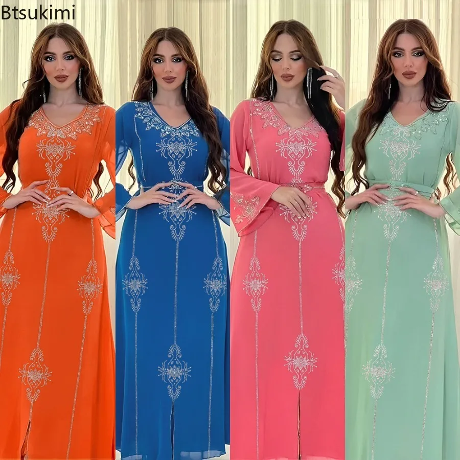 

2024, Саудовская Аравия, Дубай, модное бриллиантовое платье, женские мусульманские платья, абайя, шифоновый халат, женская одежда на Ближний Восток, Макси-платье