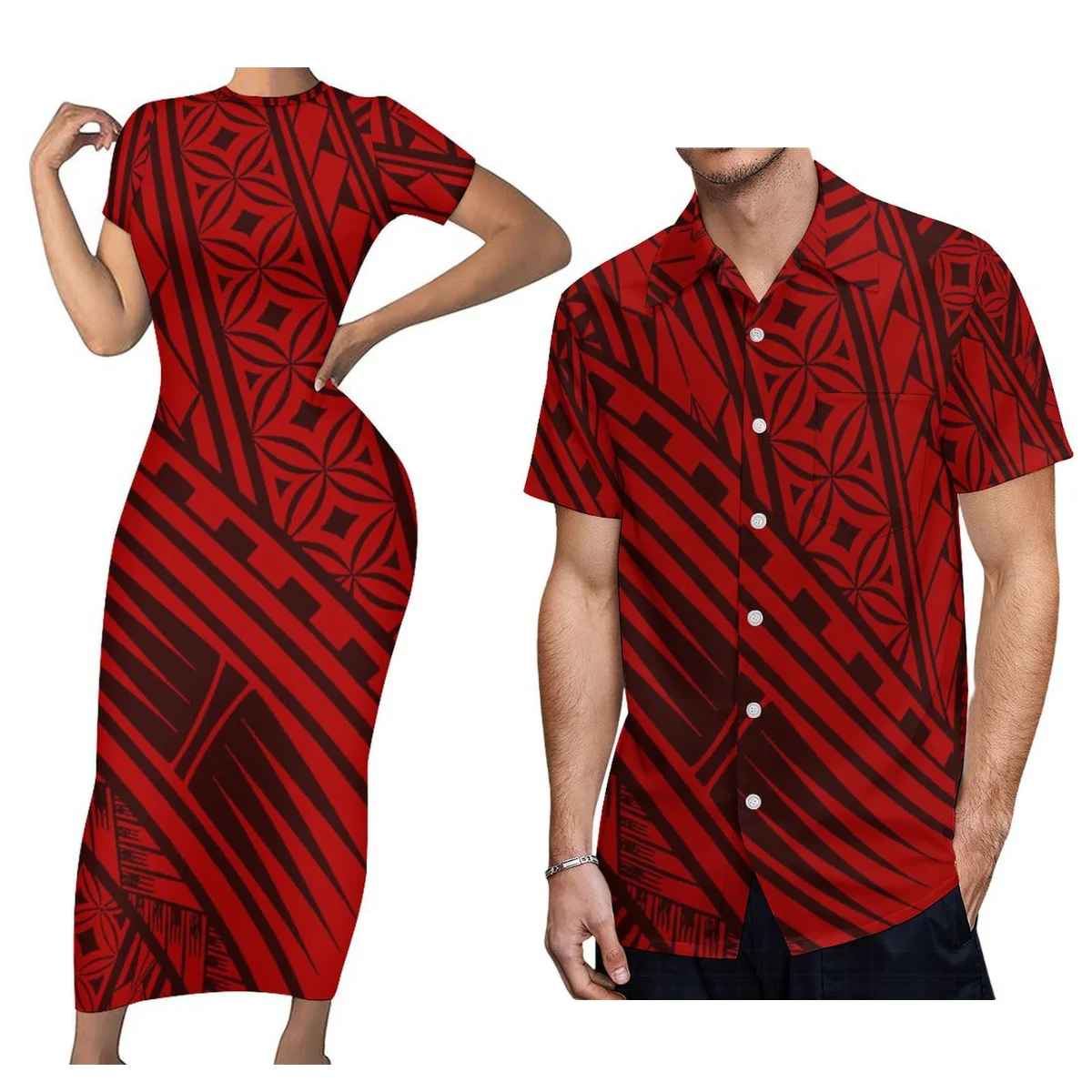 

Custom Summer Sexy Women'S Crew Neck Dress With Men'S Shirt Polynesian Tribe Design Couple Set Free Shipping
