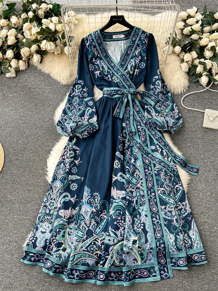 

Elegant Maxi Dress For Women 2024 Long Sleeve V Neck Waist Tie Wrap Dress Vintage Paisley Print Holiday Bohemian Long Dresses