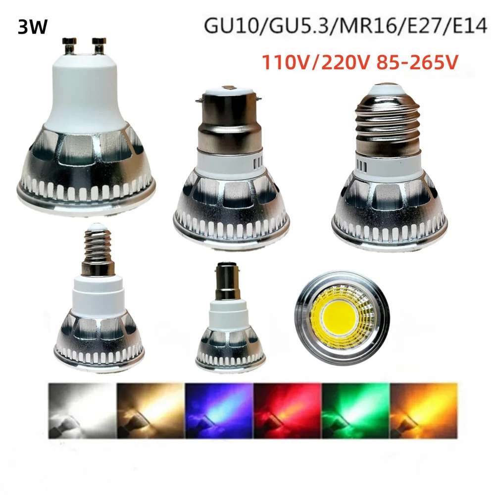 

3W Mini Bulbs Dimmable Led Spot Bulb GU10 E27 E14 B22 B15 E12 GU5.3 Spotlight Bulb Lamps Warm White Cool White Colorful 85-265V