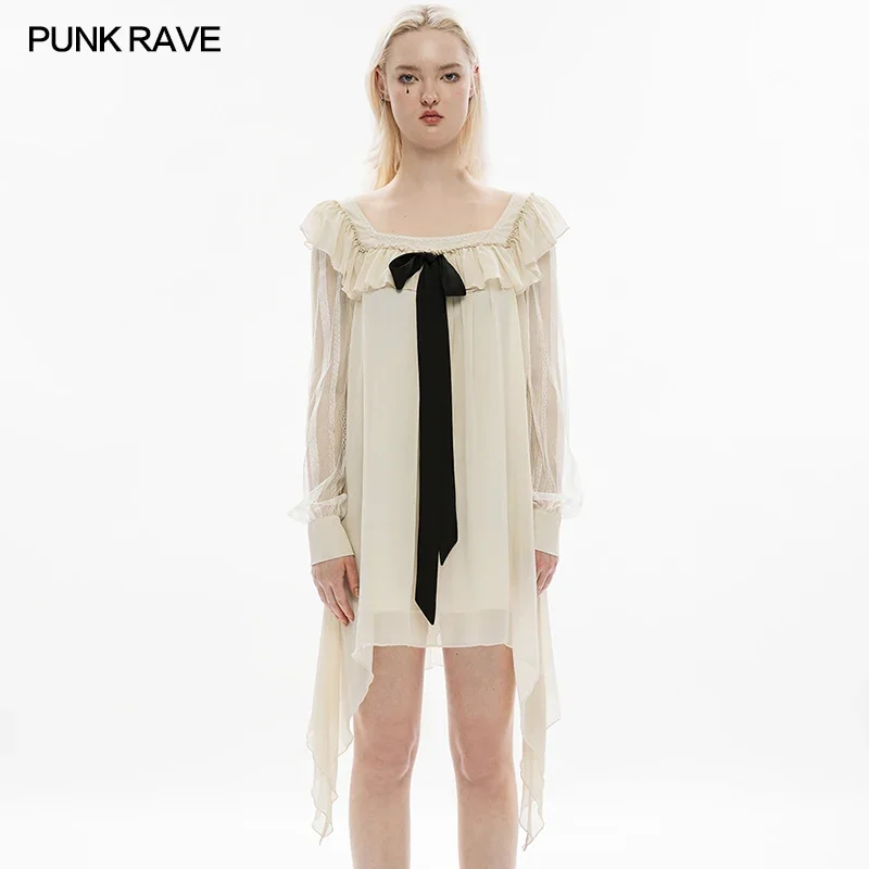 

PUNK RAVE Women's A Line Detachable Bow Brooch Loose Ruffle Dress Asymmetrical Sweet Elegant Vintage Square Collar Beige Dresses