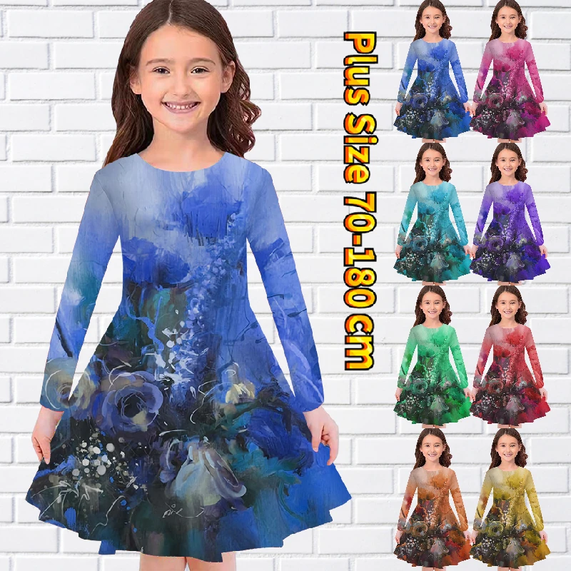 

2022 New Autumn Winter Vintage Midi Skirt Little Girl Round Neck Floral Print Lovely Princess Dress Everyday Long Sleeve Skirt