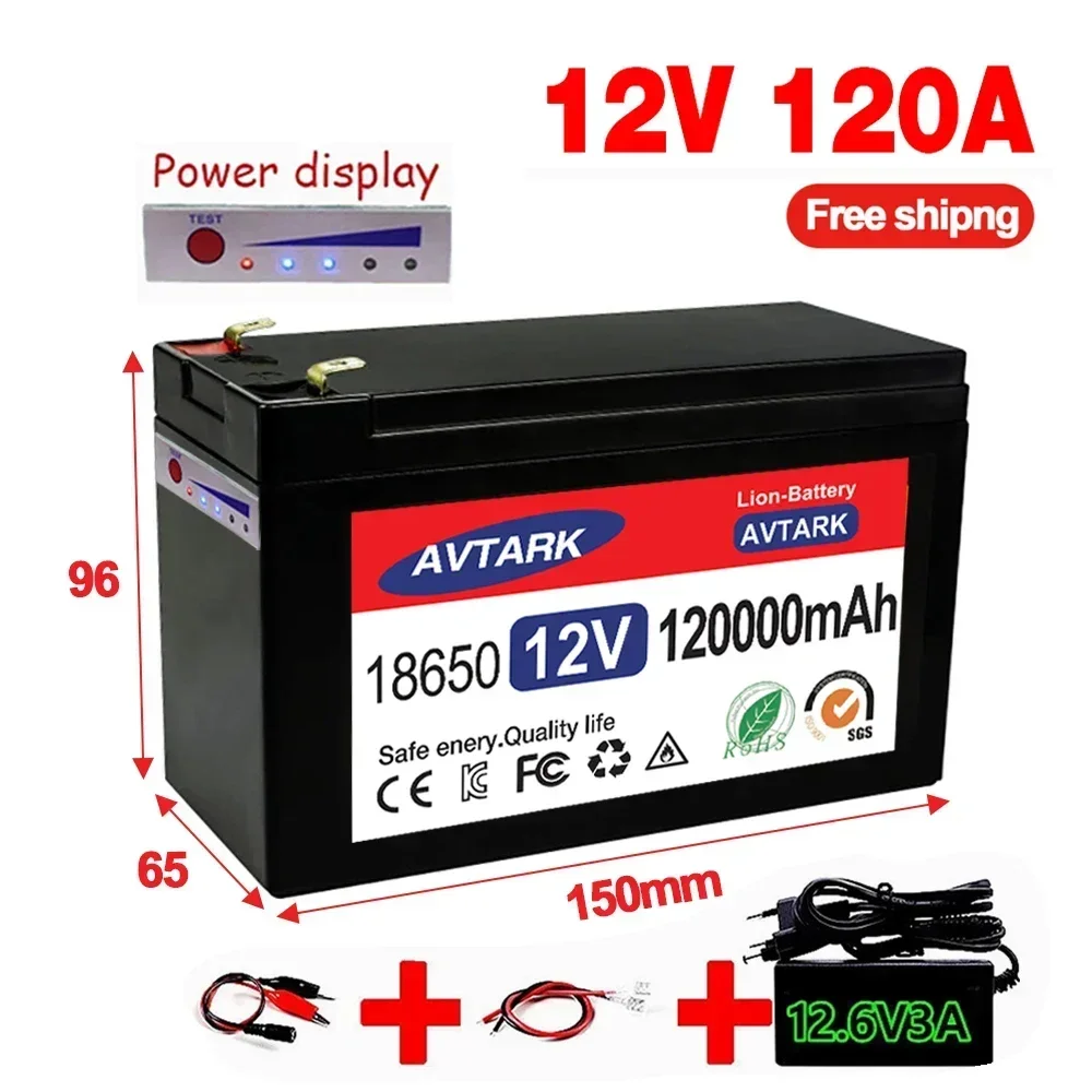 

12V 120Ah 120000mAh 18650 lithium battery for solar energy built-in high current 30A BMS electric vehicle battery+12.6V charger