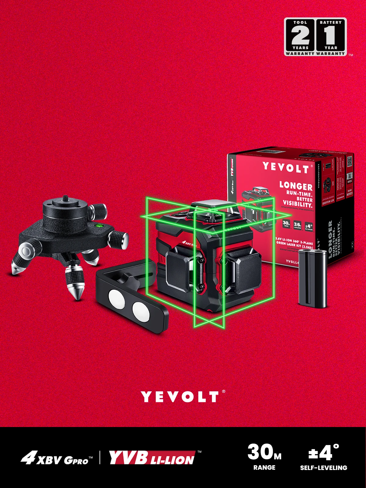 YEVOLT YVGLL4XS12-LB 3-Plane Green Laser Level with 3.6V Li-ion Battery 360° Magnetic Holder Fine-Tuning Rotating Base Machine
YEVOLT YVGLL4XS12-LB 3-Plane Green Laser Level with 3.6V Li-ion Battery 360° Magnetic Holder Fine-Tuning Rotating Base Machine