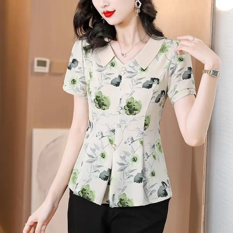 

2024 New Chiffon Chiffon Shirt Fashion Summer Women's Chic Doll Neck Spliced Ruched Slim Waist Button Pullover Short Sleeve Tops