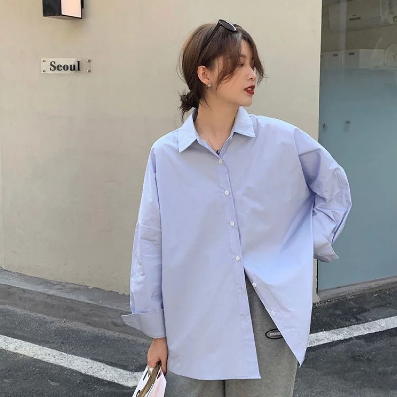 Spring Autumn New Blue Loose Basic Shirt Tops Women 's All-match Long Sleeve Polo Neck Solid Color Blouse Fashion Korean Clothes 
Spring Autumn New Blue Loose Basic Shirt Tops Women 's All-match Long Sleeve Polo Neck Solid Color Blouse Fashion Korean Clothes