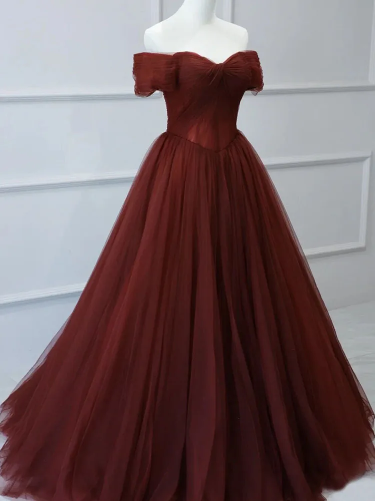 

Вечерние платья бордового цвета, длинные платья для выпускного вечера с открытыми плечами, со шнуровкой/молнией сзади, вечерние платья до пола из тюля