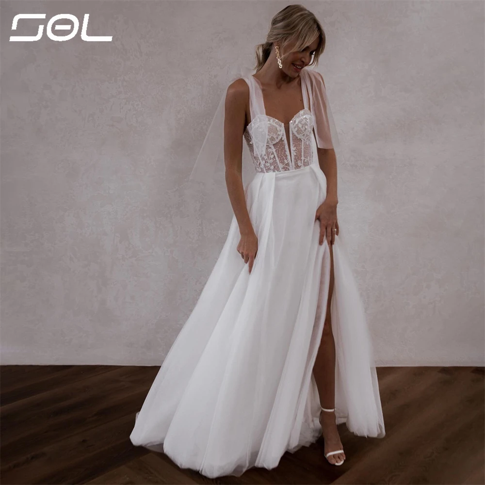 

Sol Gorgeous Lace Appliques Spagghetti Straps Tulle Wedding Dress Sexy Back Up High Side Slit A-Line Bridal Gown Robe De Mariee