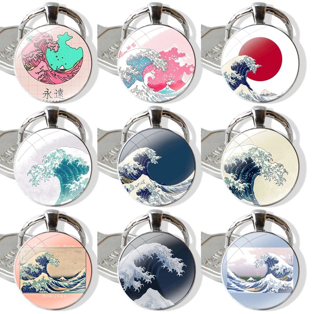 

japan great wave Cartoon Fashion Creative Design Glass Cabochon Keychain Pendant Car Key Chains Handmade