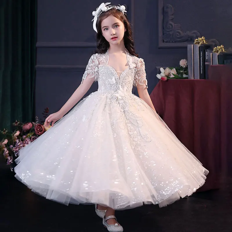 

Little Girls Very Elegant Dress Toddler Kids Glitter Princess Party Gown Young Girls communion White Tutu Dresses 2-14 Years