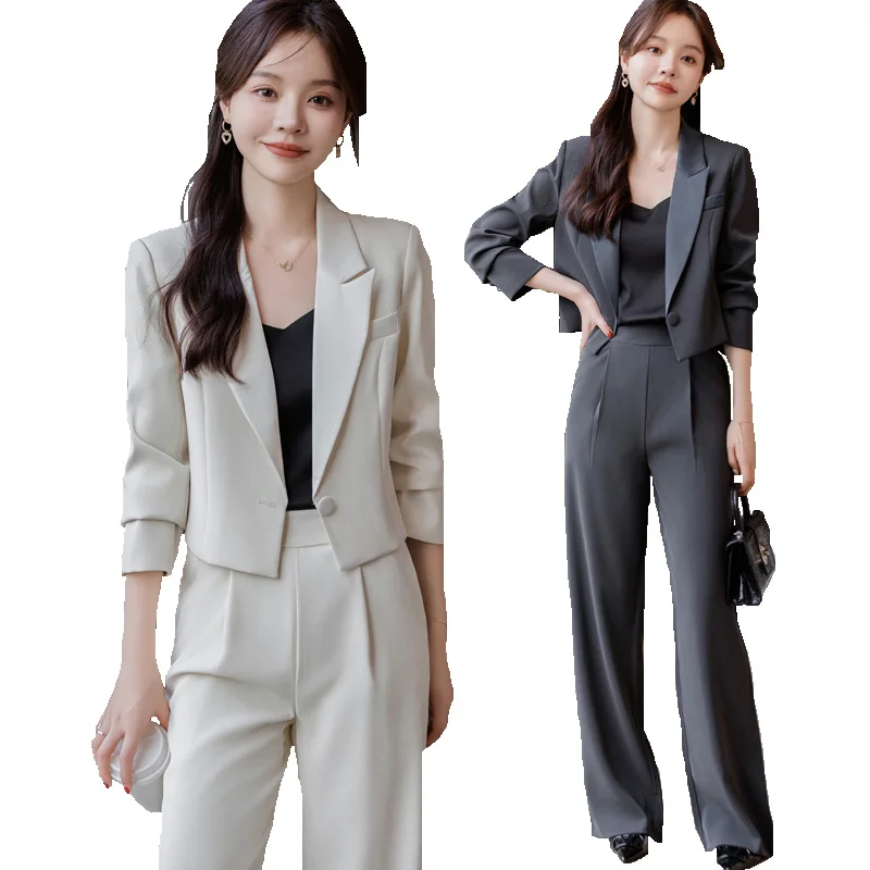 

Solid Women Suits Office Sets 2024 Spring New Fashion Single Button Short Blazers Casual High Waist Wide Leg Pants Suits