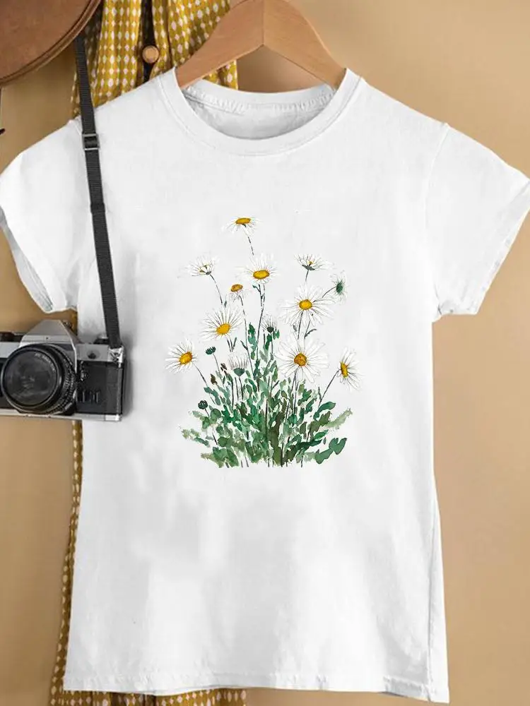 Футболка женская с принтом и коротким рукавом, милый тренд 90-х с графическим принтом растений, модная рубашка, летняя одежда