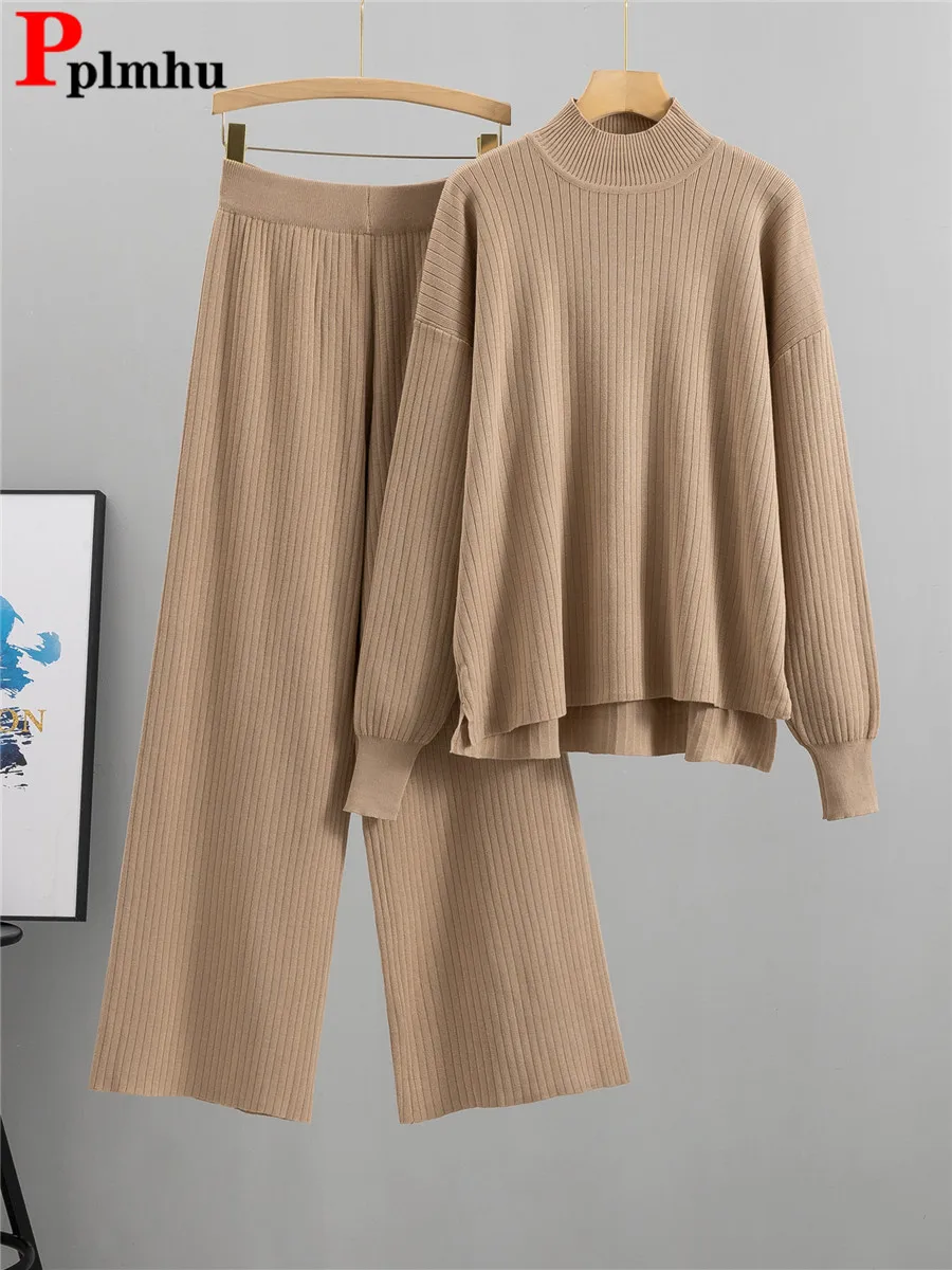 

Женский трикотажный комплект из 2 предметов, Свободный пуловер с длинным рукавом и широкие брюки с высокой талией, спортивный костюм на весну и осень
