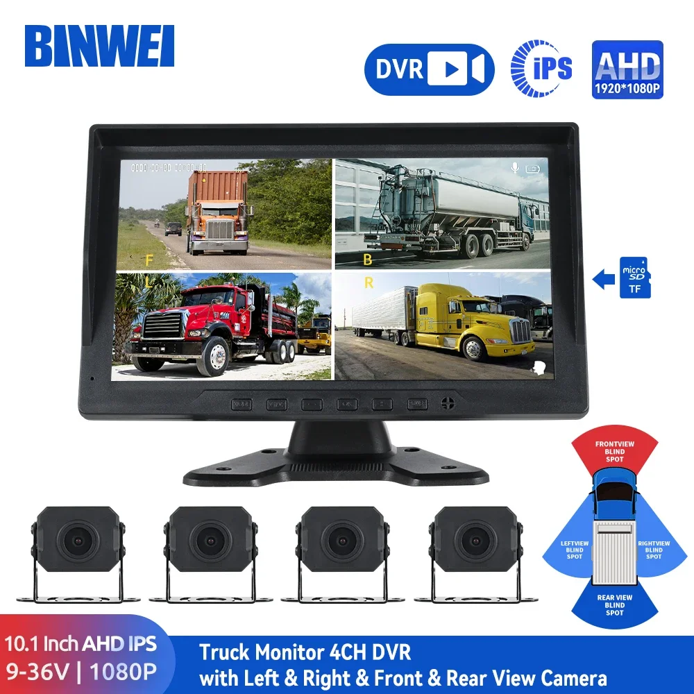 

BINWEI 10.1 Inch 4CH DVR Monitor for Truck/Bus/Vans Vehicle Parking AHD 1080P Starlight HD Night Vision Rear View Camera Backup
