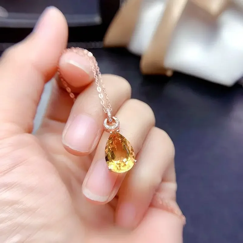

925 Sterling Silver Necklace Natural Citrine Pendant Women's Ins Simple Elegant Drop-Shaped Topaz Clavicle Chains Fine Jewelry
