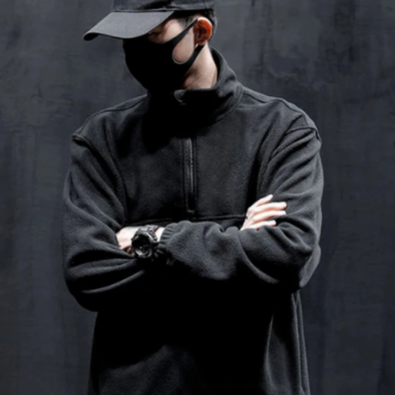 

Мужская одежда, свитшот для мужчин, черный пуловер на молнии в эстетике 90-х годов, винтажный хлопковый Свободный свитшот без капюшона, Y2k