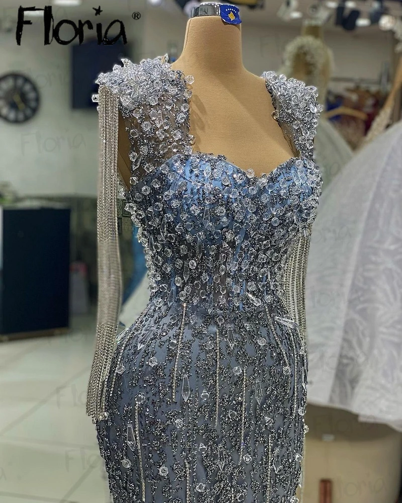 

Queen Anne Mermaid Party Dress Crystals Covered Dubai Luxury Wedding Guest Prom Gowns Side Split Cocktail Dress for Pageant 2024