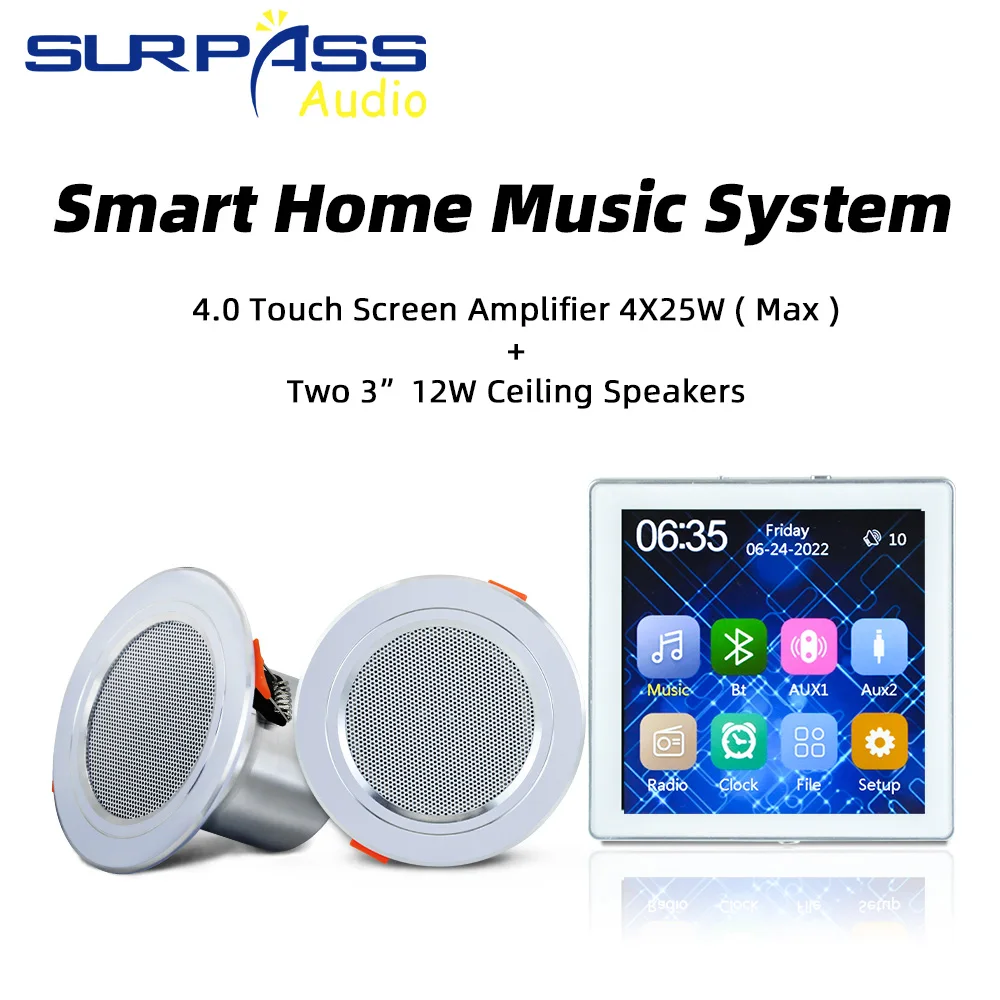 

New 4 Inch HD Screen 4*25W Bluetooth Wall Amplifier with Ceiling Speaker PA System Audio Panel Support USB TF Use for Hotel Home