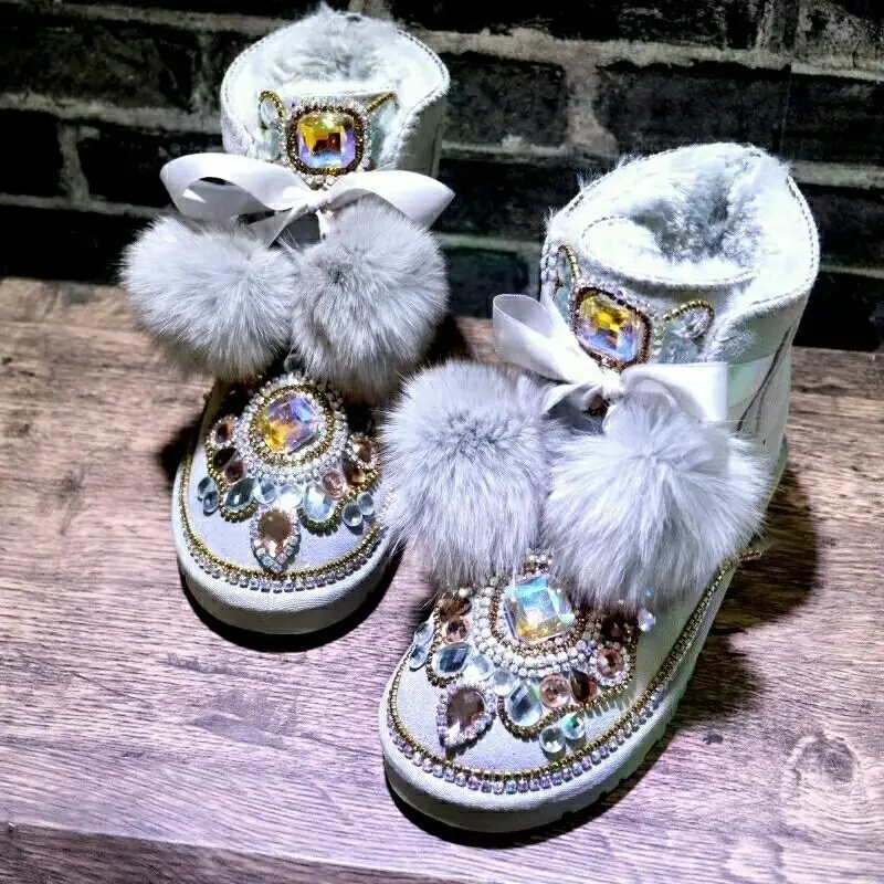 

Fluffy Fox Fur Ball Lace Up Women Snow Boots 2024 Winter Bling Gem Rhinestones Plush Ankle Booties Warm Casual Shoes Female