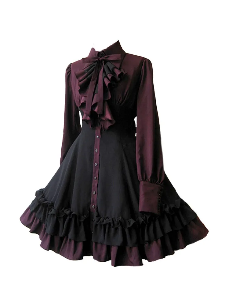 

2024 New Women Vintage Palace Lolita Dress Bow Collar High Waist Victorian Princess Gothic Dress Renaissance Ruffles Party Dress