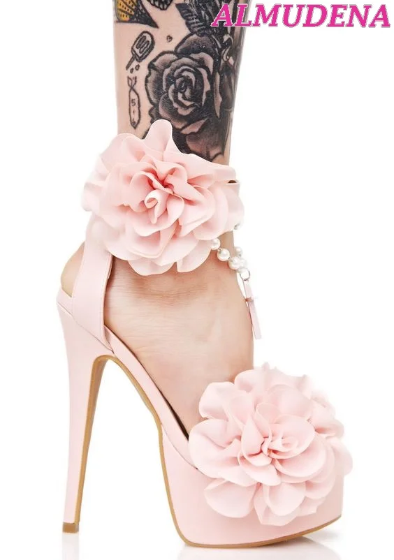 

Pink Flowes Pearl Platform Sandals Women Stiletto Ankle Strap Summer High Heels Leather Lolita Cosplay Dress Shoes Big Size