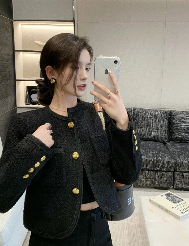 

UNXX Real Shot Autumn Retro Black Knitted Fashionable Loose Silhouette Slimming Short Woolen Coat Women Female Office Lady Coat
