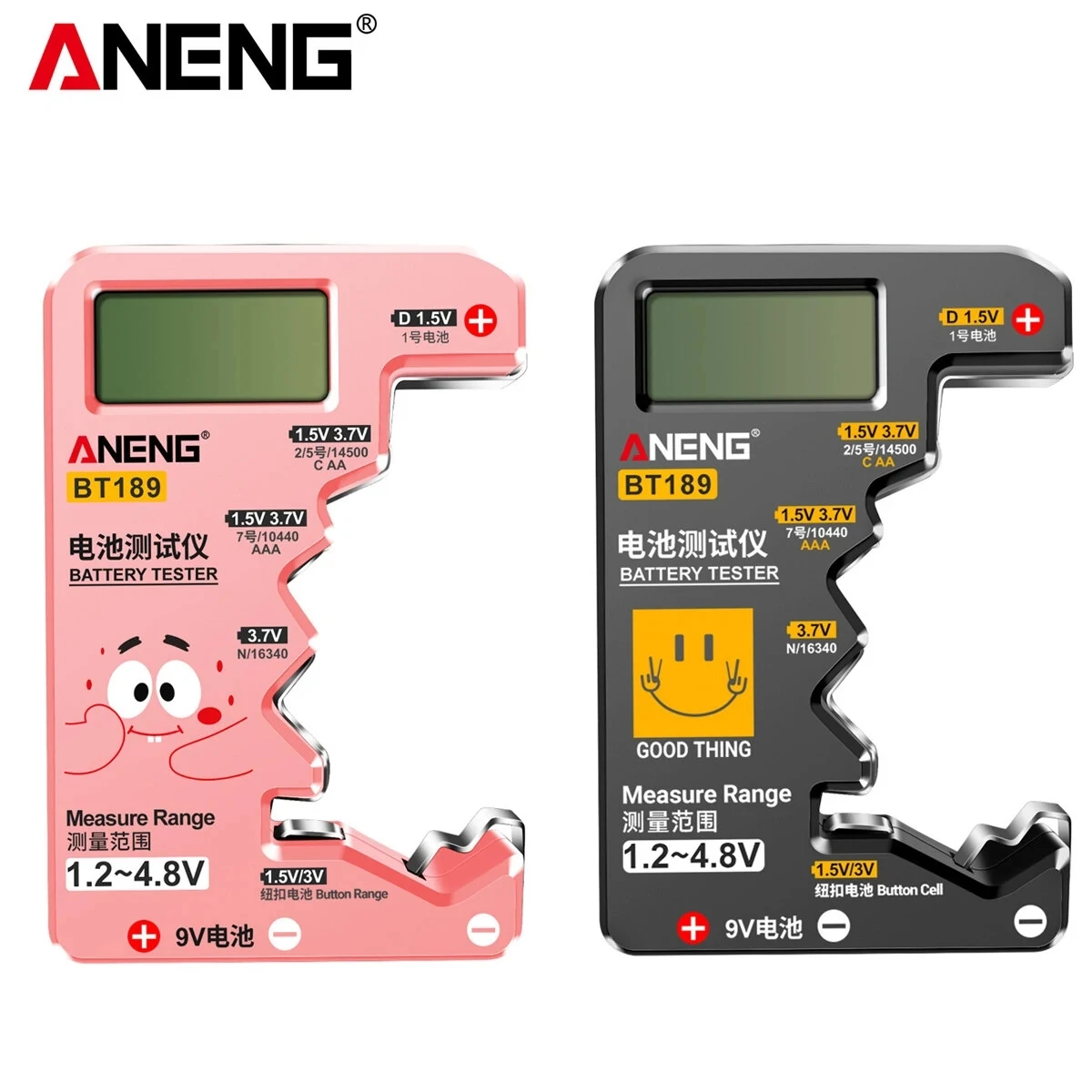 

ANENG BT189 Digital Battery Tester LCD Display AA AAA 9V 1.5V 3V Button Battery Capacity Checker Load Analyzer - Pink