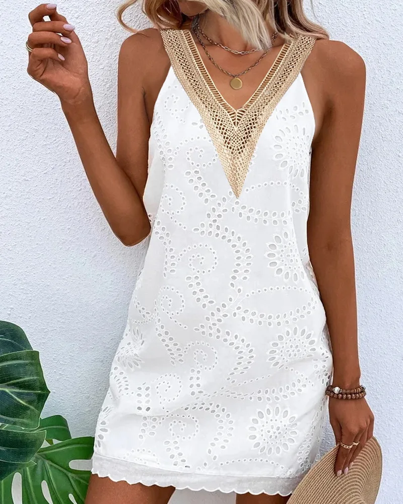 

Contrast Lace Eyelet Embroidery Casual Dress Women Sleeveless V Neck Solid Color Mini Dress Fashion Sexy Summer