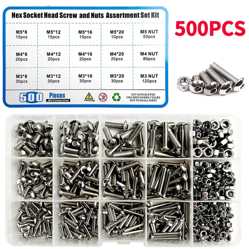 

500PCS M3 M4 M5 Hex Bolts and Nuts Kit Stainless Steel Hexagon Button Round Head Allen Motorcycle Fairing Bolt Scooter Screw Set