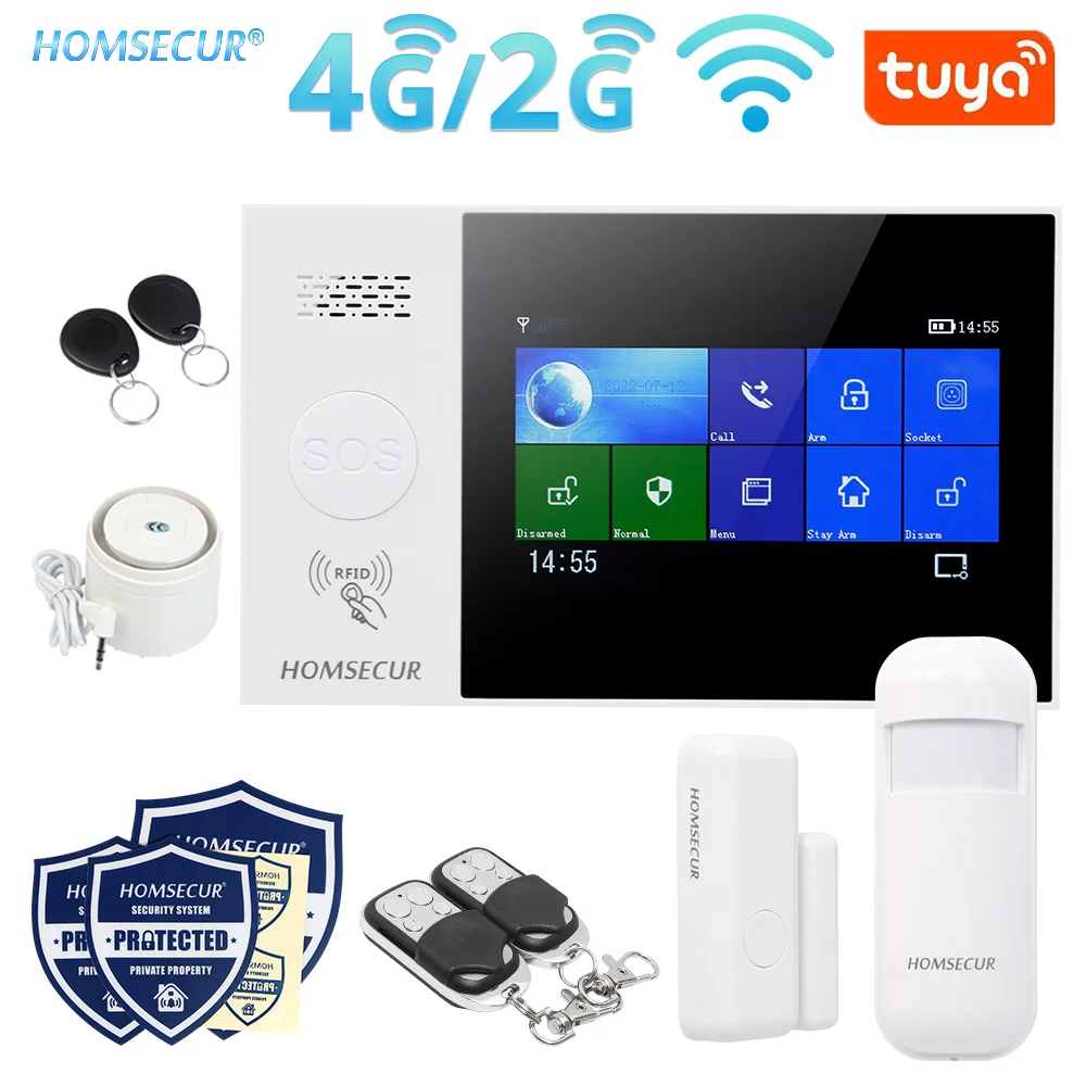 

HOMSECUR 433MHz Wireless WIFI 4G 2G RFID SMS Autodial Home Alarm System Touch Screen Door Window Sensor PIR Sensor Wired Siren